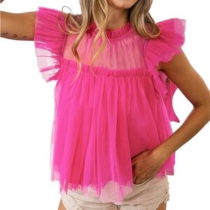 Pants Store Hot Pink Sheer Ruffle Top – Size M